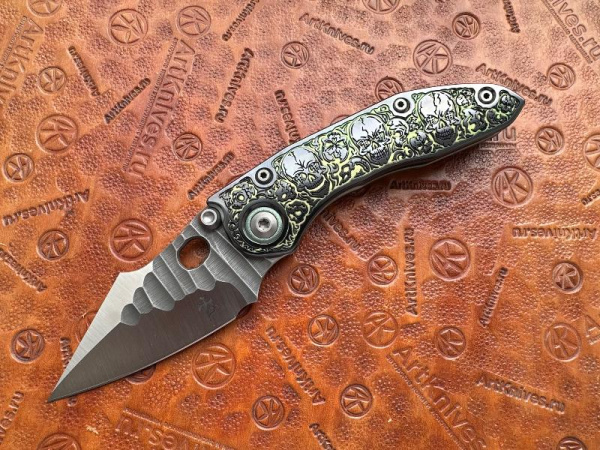 Купить Нож складной кастомный Borka Blades/Ti2 Design Stitch 2023 Green Skulls Handle - Rock Grind Blade в интернет-магазине Artknives.ru 