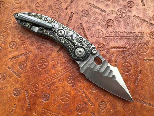 Купить Нож складной кастомный Borka Blades/Ti2 Design Stitch 2023 Green Skulls Handle - Rock Grind Blade в интернет-магазине Artknives.ru 